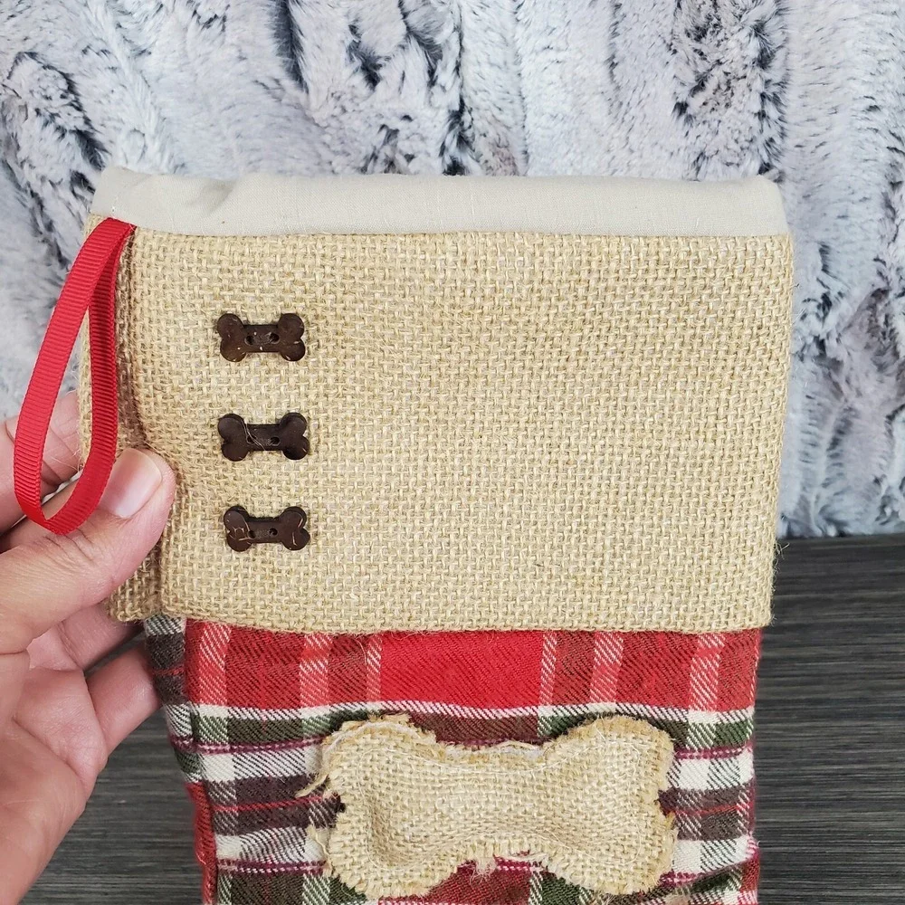 Domain Christmas Red Plaid‎ and Burlap Dog Pet Stocking with Button Bones 16
